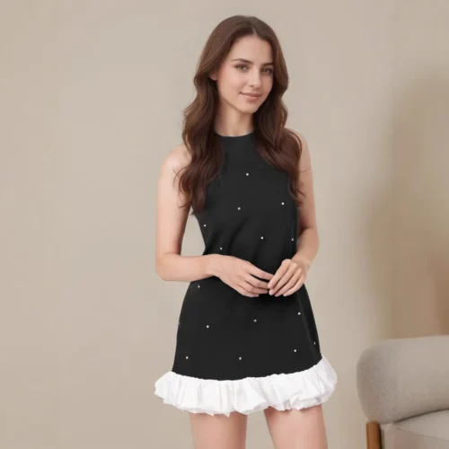 Knitted Diamond Studded A-line Mini Dress