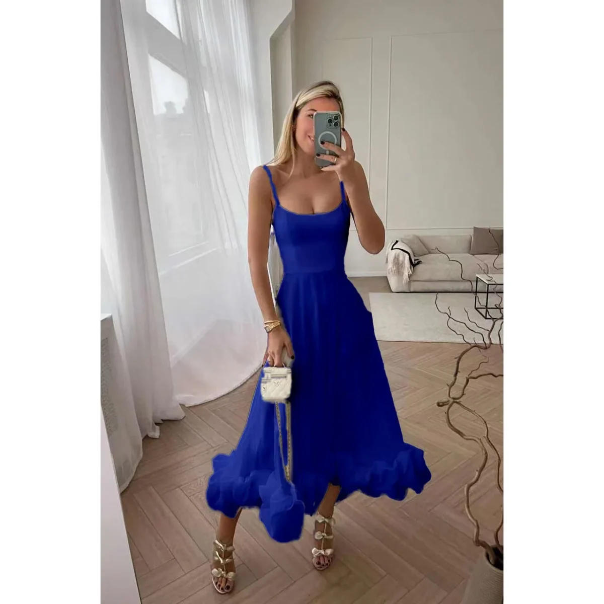 Summer Blues A-Line Skirt Sleeveless BackSlip Petal Hem Midi Dress - Image 6