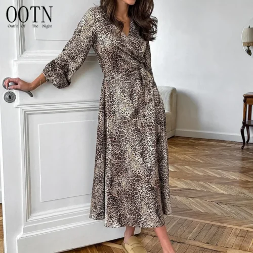 Satin Animal Printed V-Neck Long Sleeve Slit Maxi Dress
