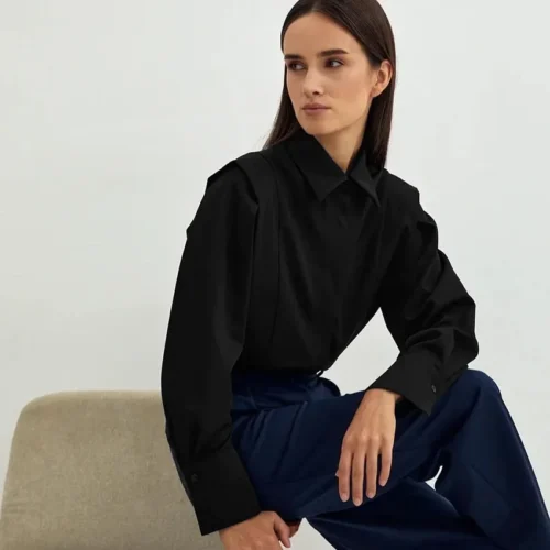 Black Long Sleeves Cotton Blouse Shirt