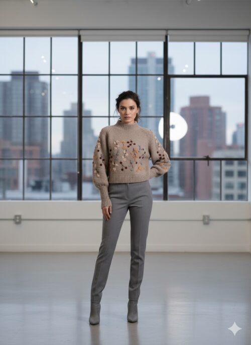 Beaded Flowers Embroidered Puff Sleeve Sweater