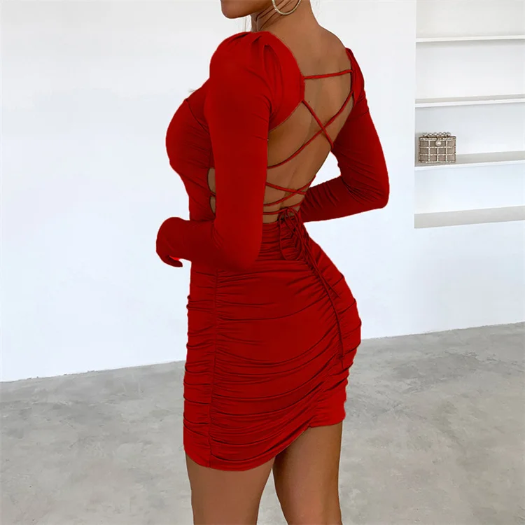 Ruched Criss Cross Strings Backless Bodycon Mini Dress - Image 2