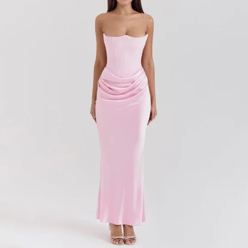 Satin Bustier Tube Fishbone Corset Draped Bodycon Maxi Dress