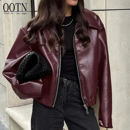 Burgundy PU-Leather Autumn  Bomber Jacket