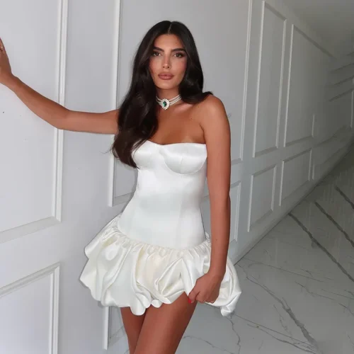 Satin A-Line Ruffles Tube Sweetheart Neck Mini Dress