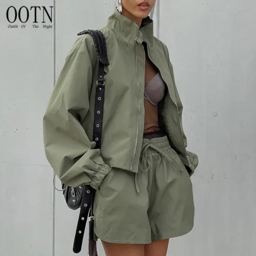 Autumn Windbreaker Jacket and Elastic Shorts Co-Ords Set