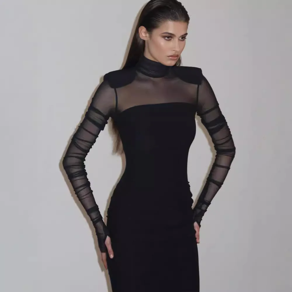 Long Mesh Sleeves and Shoulders Turtleneck Bodycon Dress - Image 4