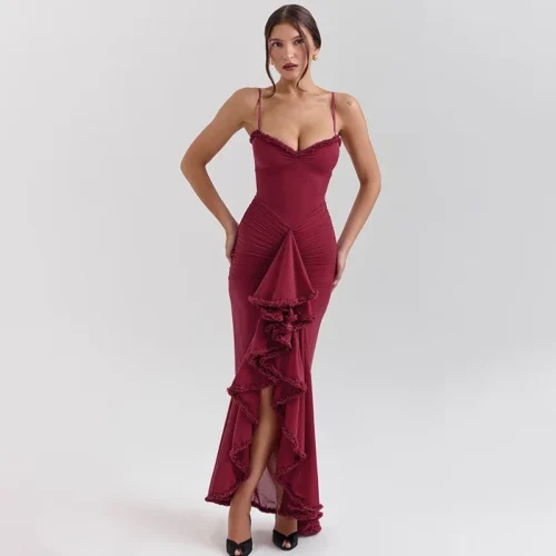 Lace-Up Plunge Backless Draped Ruched Cascading Ruffles Maxi Dress