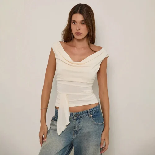 Side Ruched Cowl Neck Deep-V Back Short Top