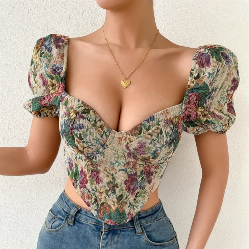 Floral Fishbone Sweetheart Corset Crop Top