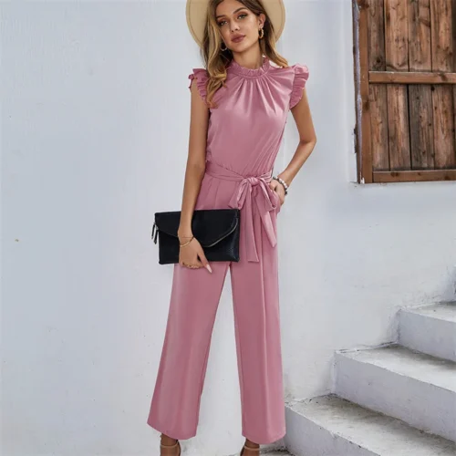 Worsted Waist Tie Halter Neck With Pockets Full Jumpsuit