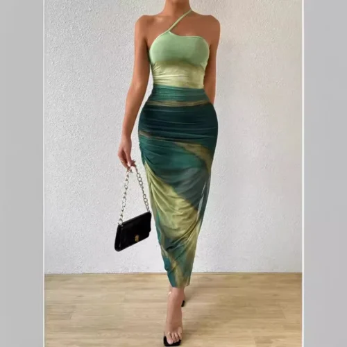 One-Shoulder Asymmetrical Ruched Mesh Side Slit Maxi Dress