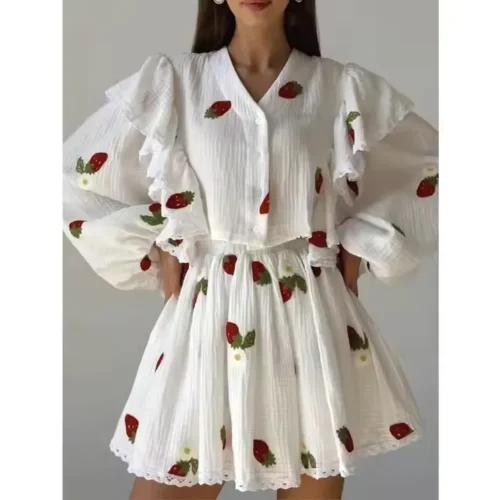 Cotton & Linen Printed Ruffle Crop Blouse & Skirt Set Coords