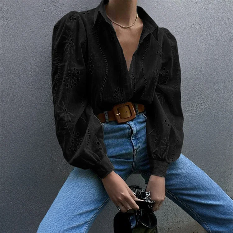 Puff Sleeves Hollow V-Neck Top - Image 8