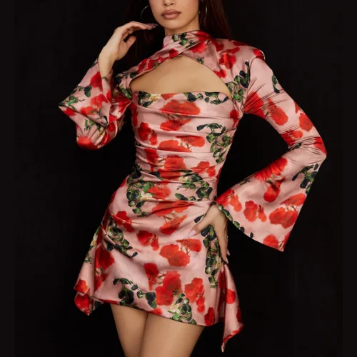 Worsted Floral Hollow Out Long Sleeves Mini Dress