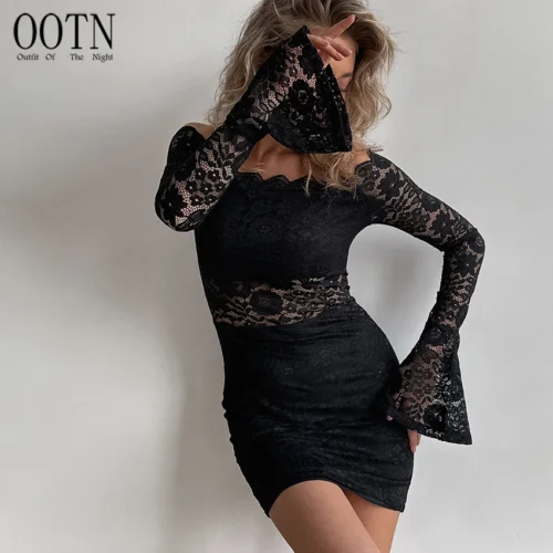 Lace Bell Sleeves with Scalloped Neckline Bodycon Mini Dress