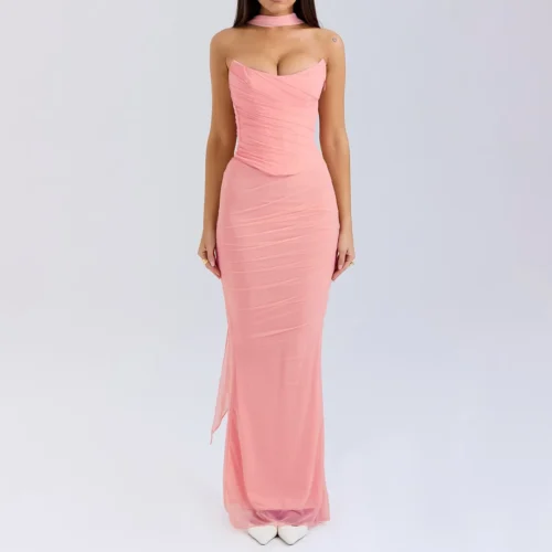 Tube Fishbone Corset Vest Fishtail Wrap with Scalf Bodycon Maxi Dress