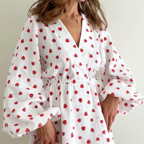Strawberry Surplice Lapel Sleeves Cotton Mini Dress