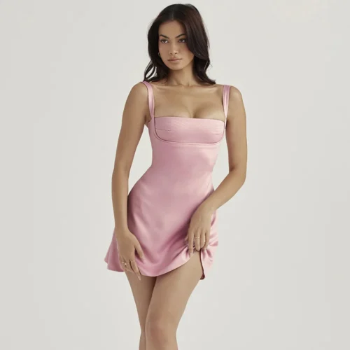 Square Neck A-Line Satin Bustier Mini Dress