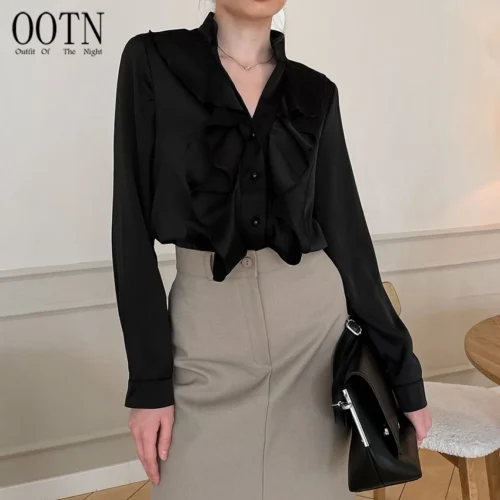 Satin Ruffle Long Sleeve Work Blouse