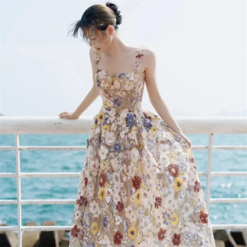 3D Floral Appliqué Mesh Bodice A-Line Maxi Dress