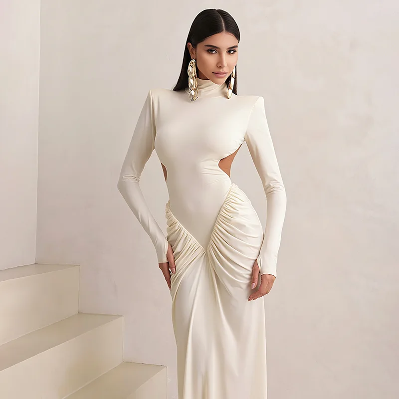 Ruched Backless Translucent Side Cutouts V Draped Maxi Dress