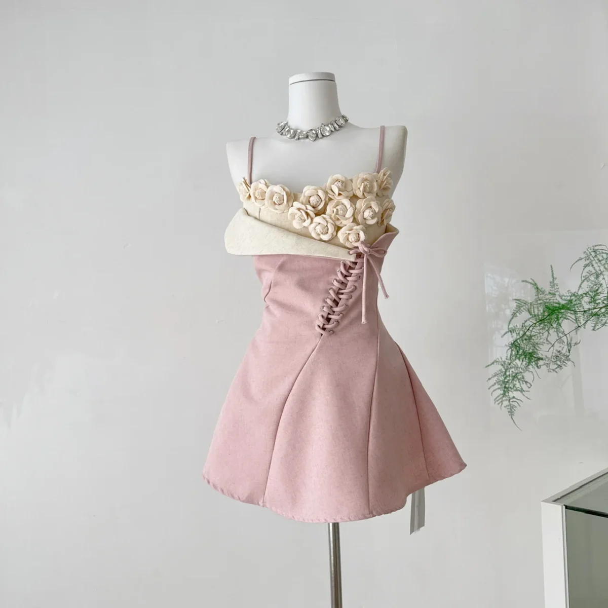 French Style White Flowers Boutique Mini Dress - Image 3