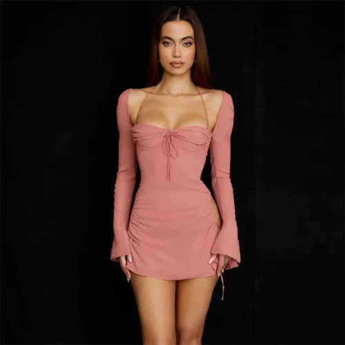 Ruched Sides Cutouts Long Bell Sleeves Spaghetti Bustier Tie Knot Mini Dress