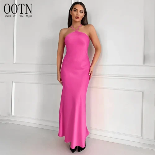 Satin Halter Neck Backless Date Night Maxi Dress