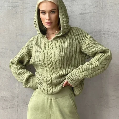 Hooded Knitted Pattern Autumn Sweater