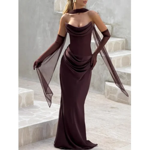 Ruched Corset Tube Backless With Scarf Bodycon Maxi Dress