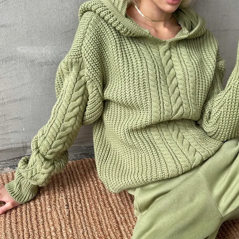 Hooded Knitted Pattern Autumn Sweater - Image 2