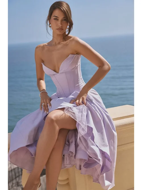 Sweetheart Plunge Tube Fishbone Corset & Box-Pleat Skirt Midi Dress