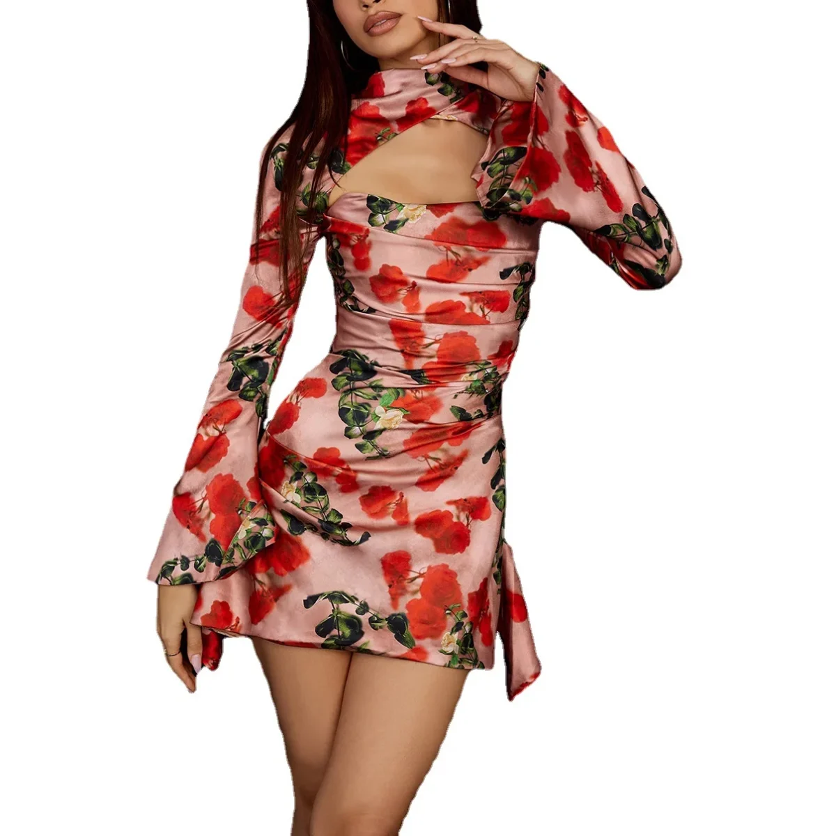 Worsted Floral Hollow Out Long Sleeves Mini Dress - Image 6