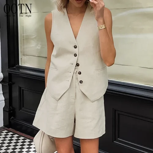 Cotton & Linen Khaki V-Neck Vest Co-Ords Set