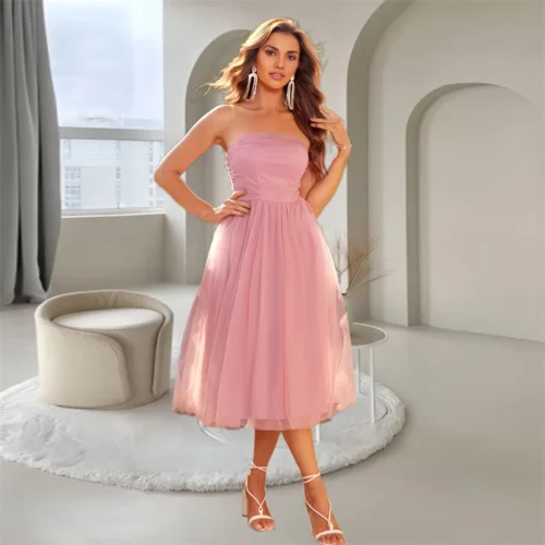 A-Line Bodice Tube Tulle Midi Dress