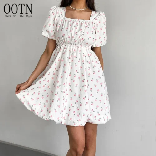 Satin Floral Print Puff Sleeve Square Neck Mini Dress