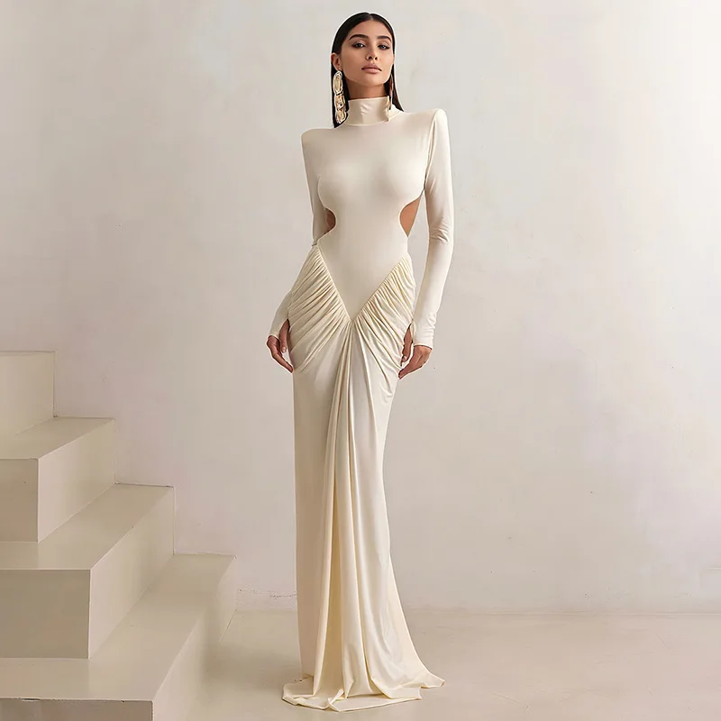 Ruched Backless Translucent Side Cutouts V Draped Maxi Dress - Image 3