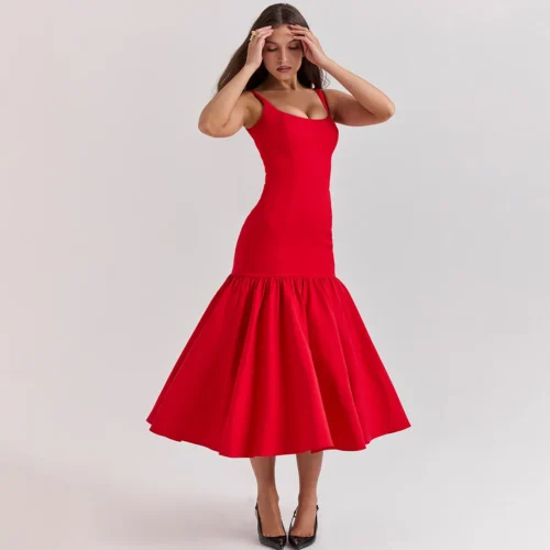Trumpet Hem Spaghetti Strap Flounced Skirt Padded Midi Dress