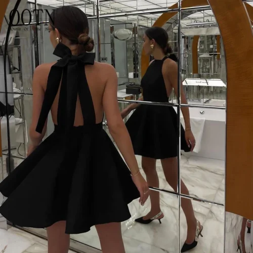 Satin Backless Halter Neck Bow Mini Dress
