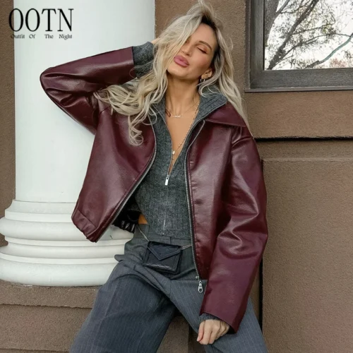 Burgundy PU-Leather Autumn Bomber Jacket