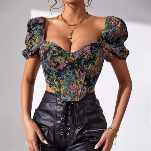 Floral Fishbone Sweetheart Corset Crop Top