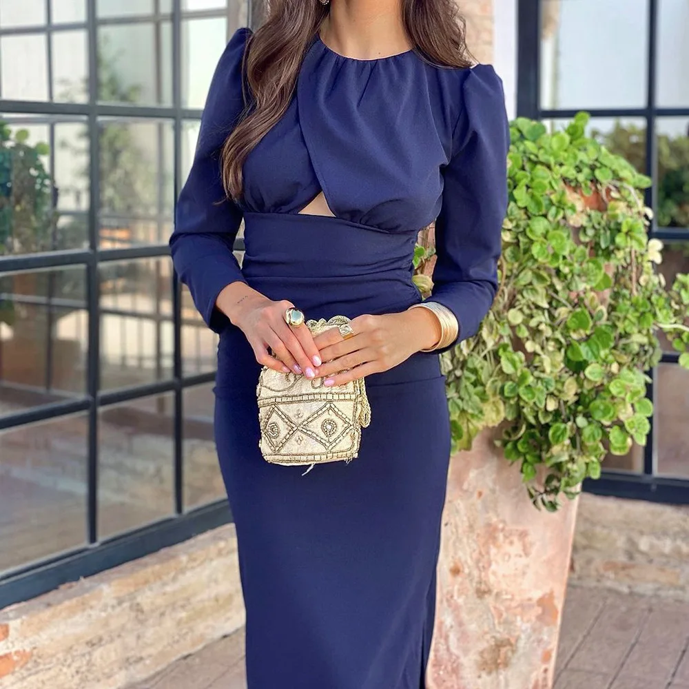 Navy Blue Long Sleeve Slit Midi Dress - Image 3