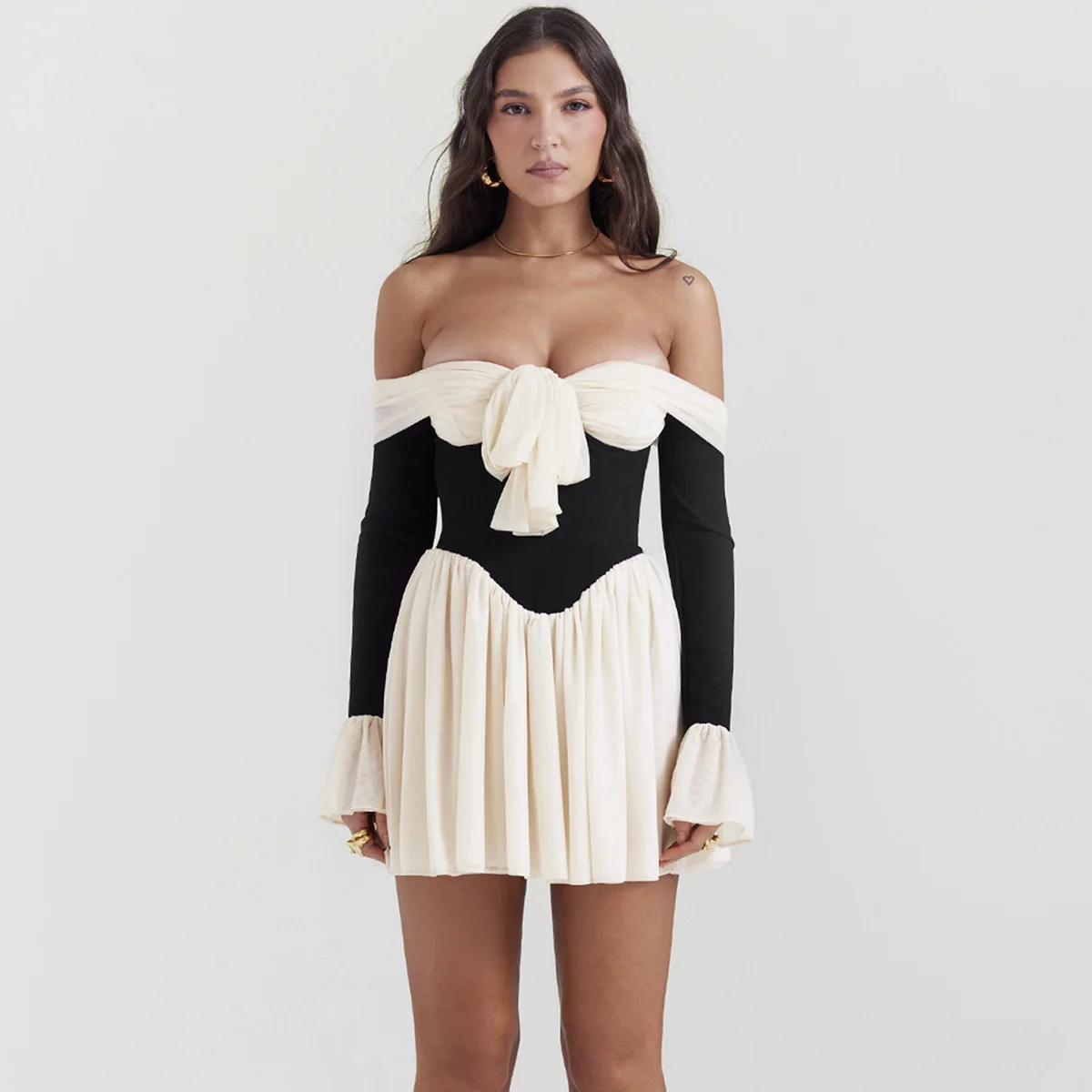 Black & Ivory Corset Off-Shoulder Bow Mini Dress - Image 3