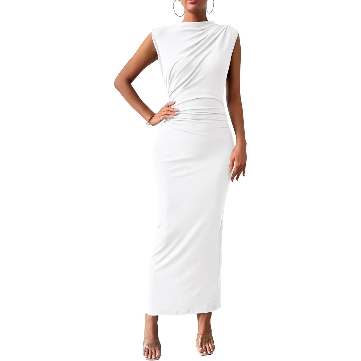 Draped High-Neck with Side Ruching Maxi Dress - Image 5