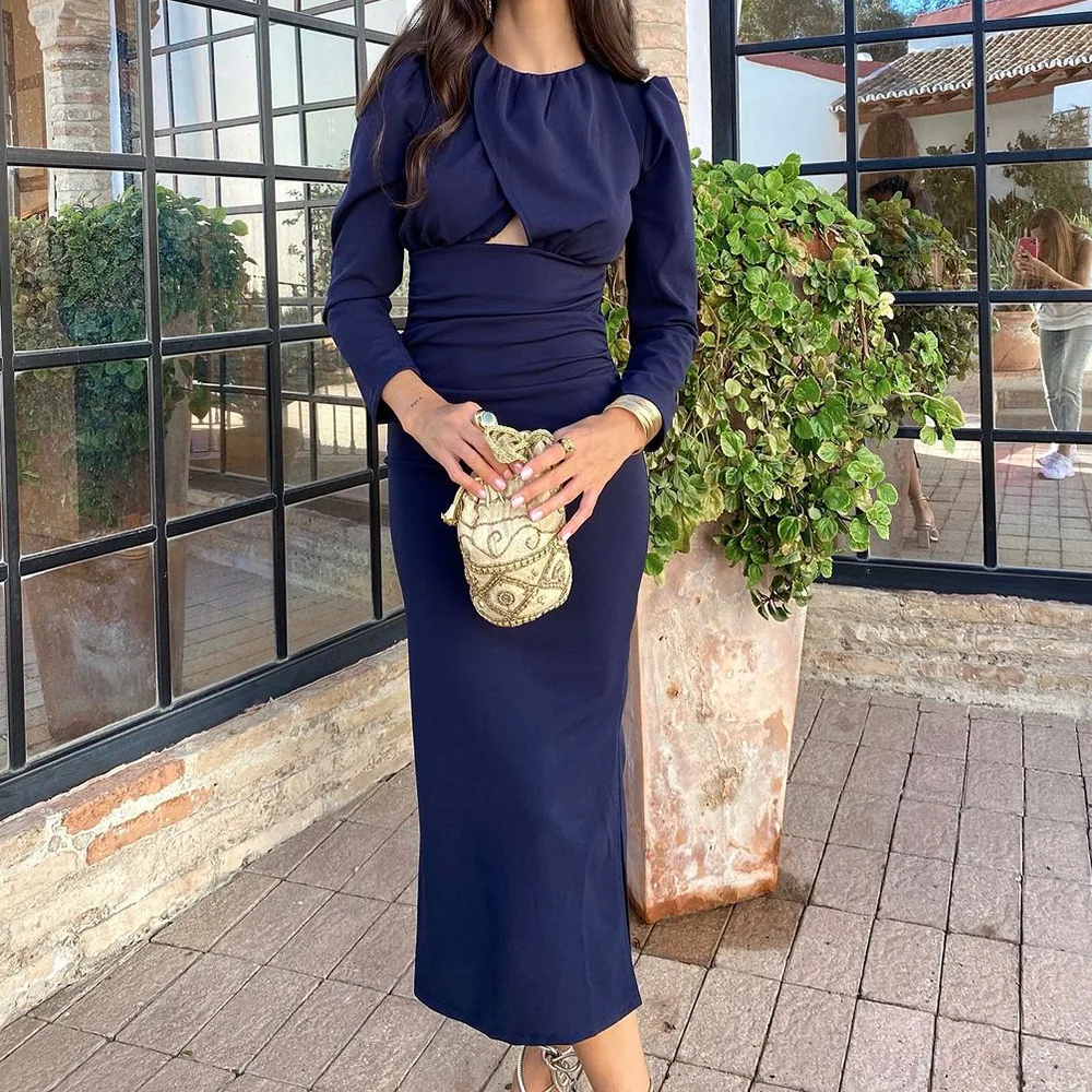 Navy Blue Long Sleeve Slit Midi Dress - Image 5