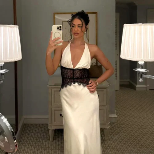 Lace Corset Waist Backless Halter Satin Maxi Dress