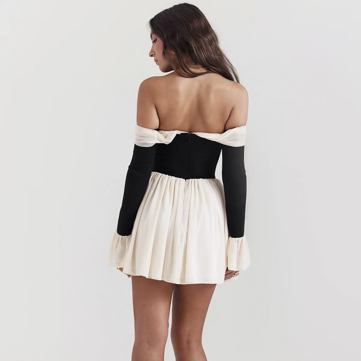 Black & Ivory Corset Off-Shoulder Bow Mini Dress - Image 2