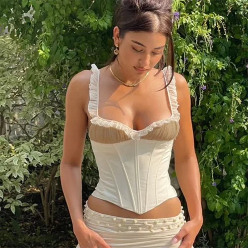 Ivory Satin Ruffle Strap Corset Top