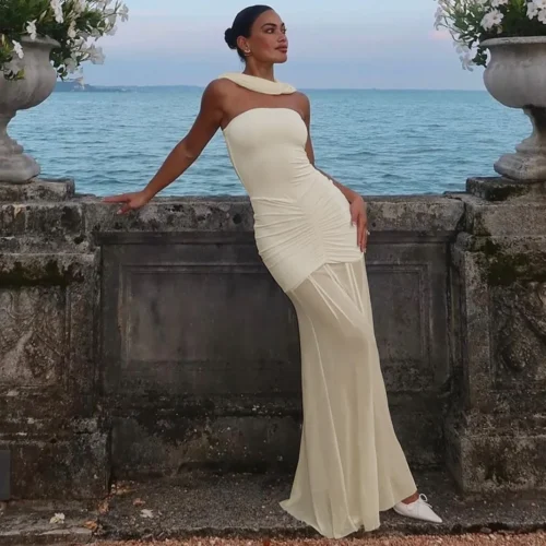 Ruched Off Shoulder Convertible Mesh Cocktail Maxi Dress